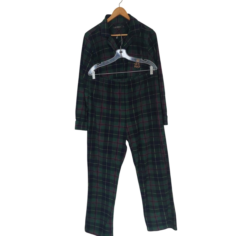 Lauren Ralph Lauren Women's Green Plaid Fleece Pajama Set Size‎ Large